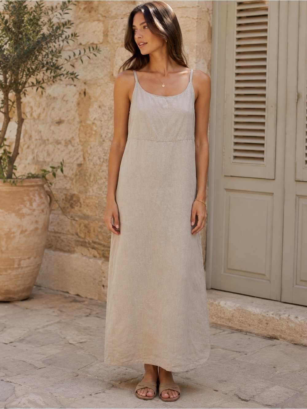Vintage GAP 100% Linen Empire Waist Maxi Dress Beige Size 4
